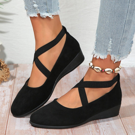 Elegante feste Farbe elastische Riemen niedrige Keilschuhe