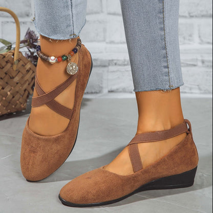Elegante feste Farbe elastische Riemen niedrige Keilschuhe