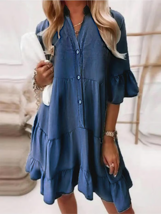 ⏳Begrenzte Zeit 50% Rabatt💥👗Sommerkleid mit Rüschenbesatz und V-Ausschnitt – Leichter Denim-Look
