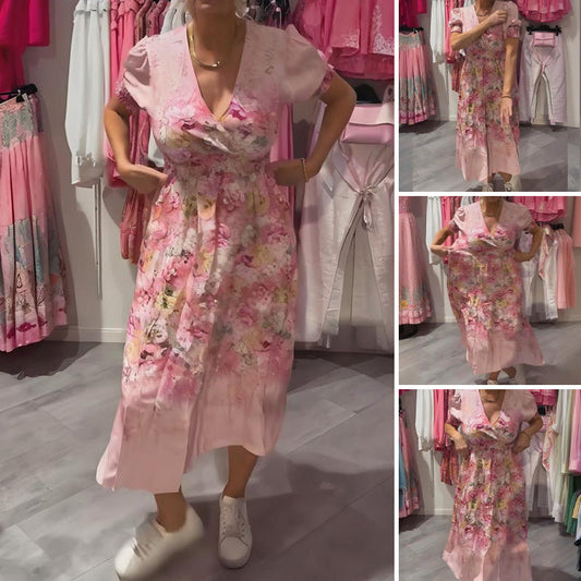 💃✨Elegantes, langes Damenkleid mit Blumenprint und V-Ausschnitt