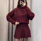 Einfarbiges Strick-Rollkragenoberteil & Faltenrock-Set
